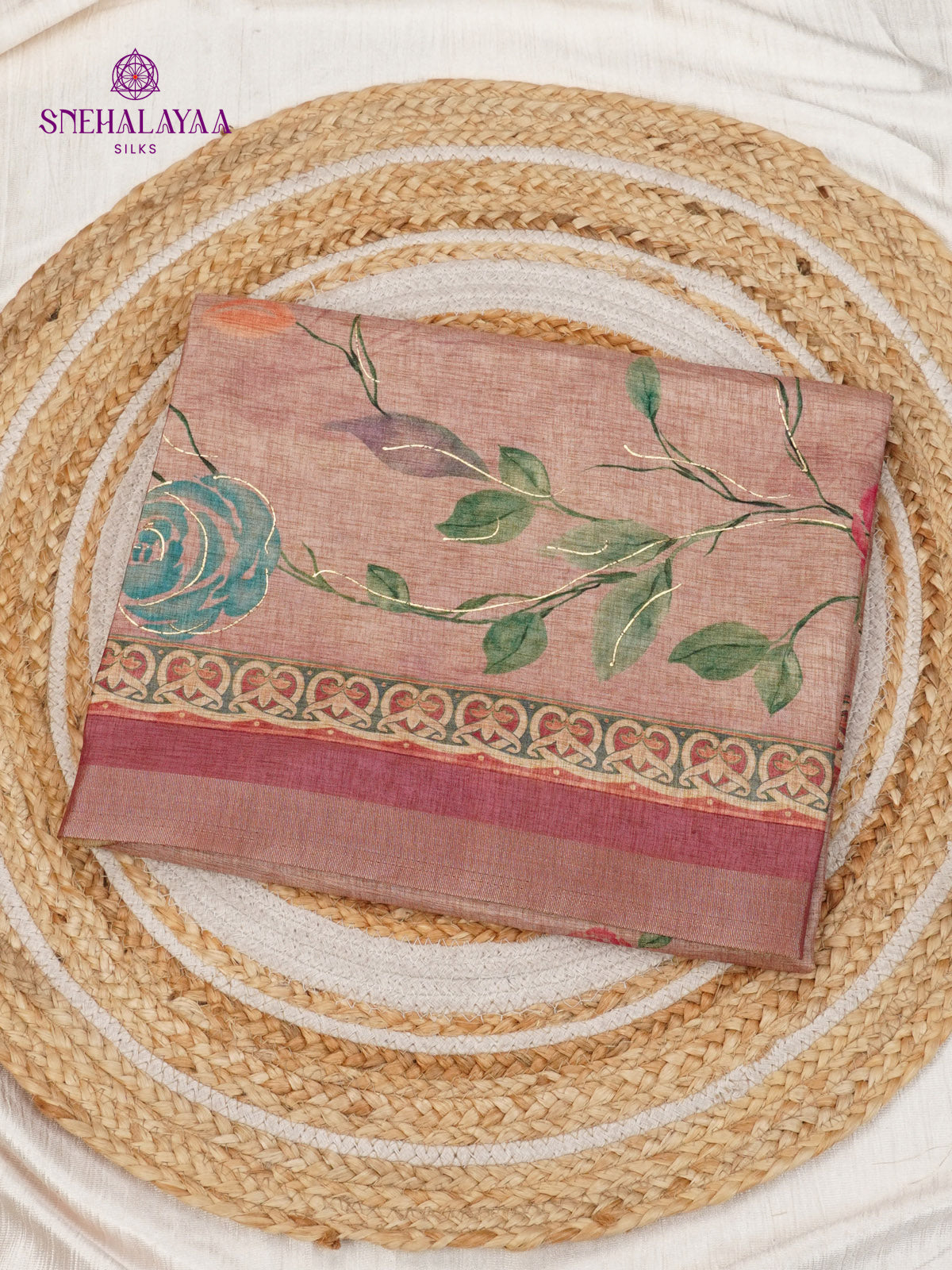 Dusty Rose Floral Printed Tussar Saree