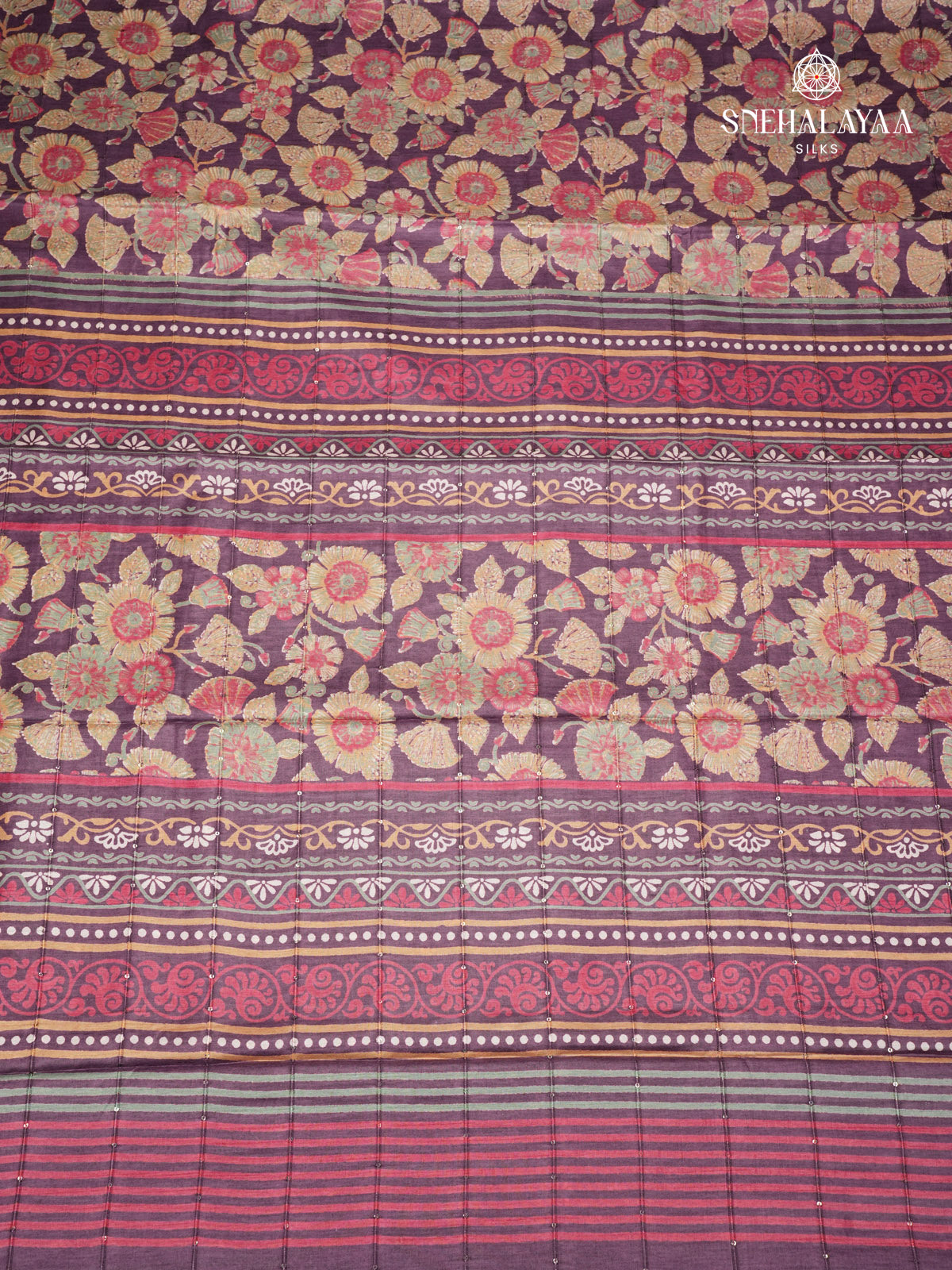 Purple Floral Printed Tussar Saree