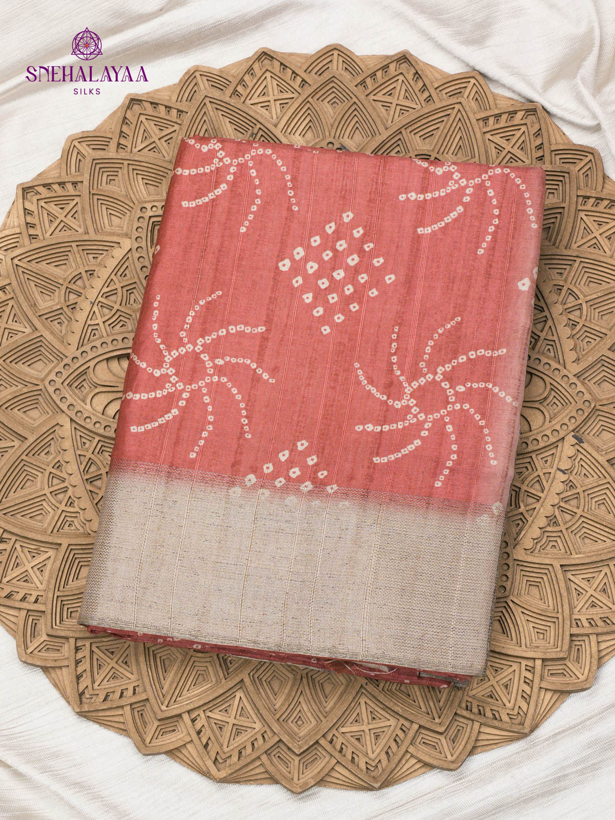 Rust Orange Printed Tussar Saree