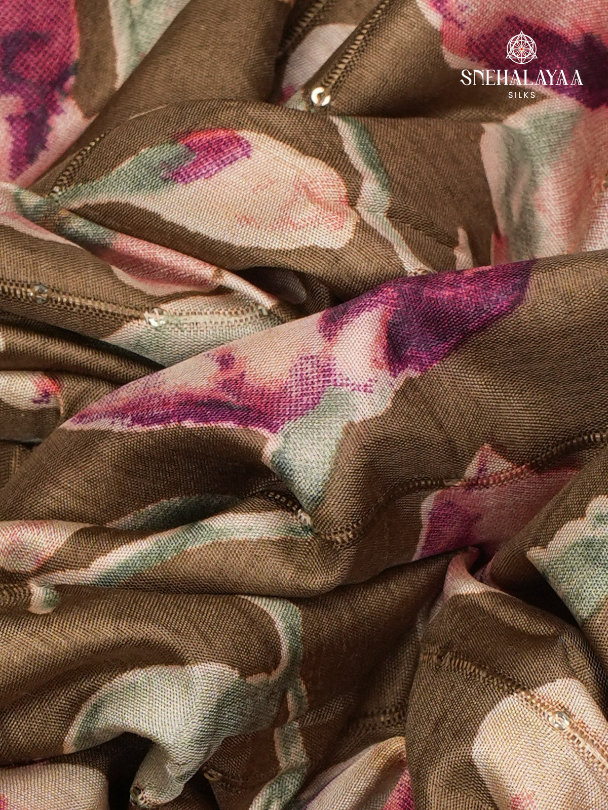 Brown Floral Printed Tussar Saree