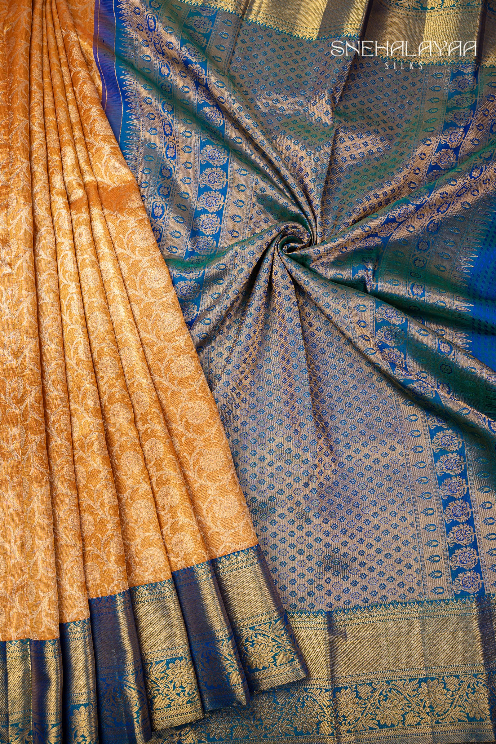Merigold Orange Kancheevaram Tissue Silk Saree