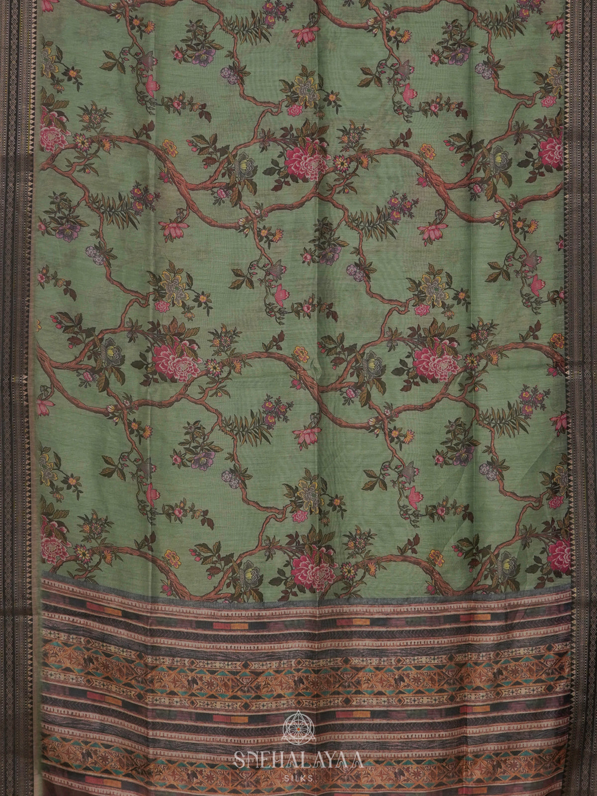 Pale Green Printed Linen Saree
