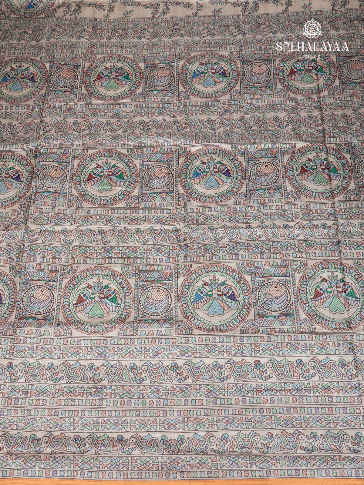 Beige With Yellow Border Madhubani Saree