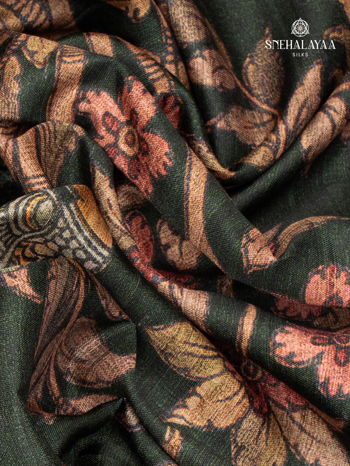 Forest Green Printed Tussar Saree