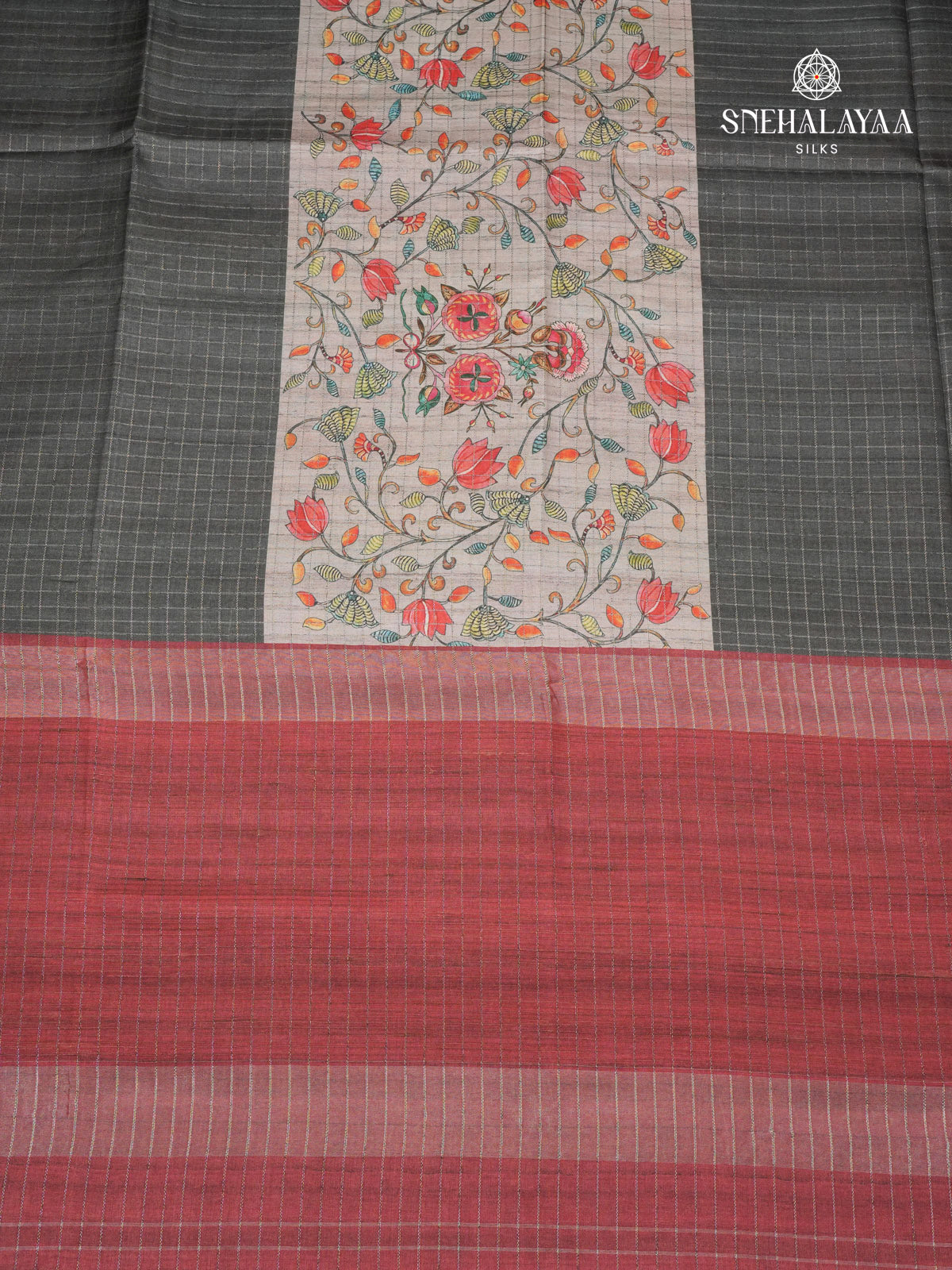 Grey With Black Border Floral Printed Tussar Saree