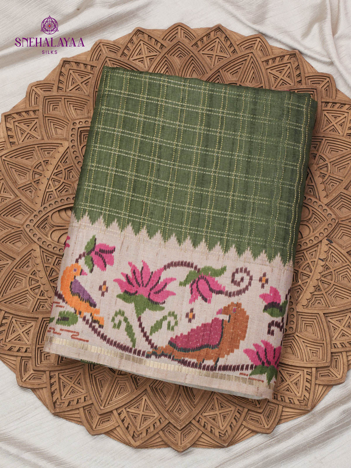 Forest Green Floral Printed Tussar Saree