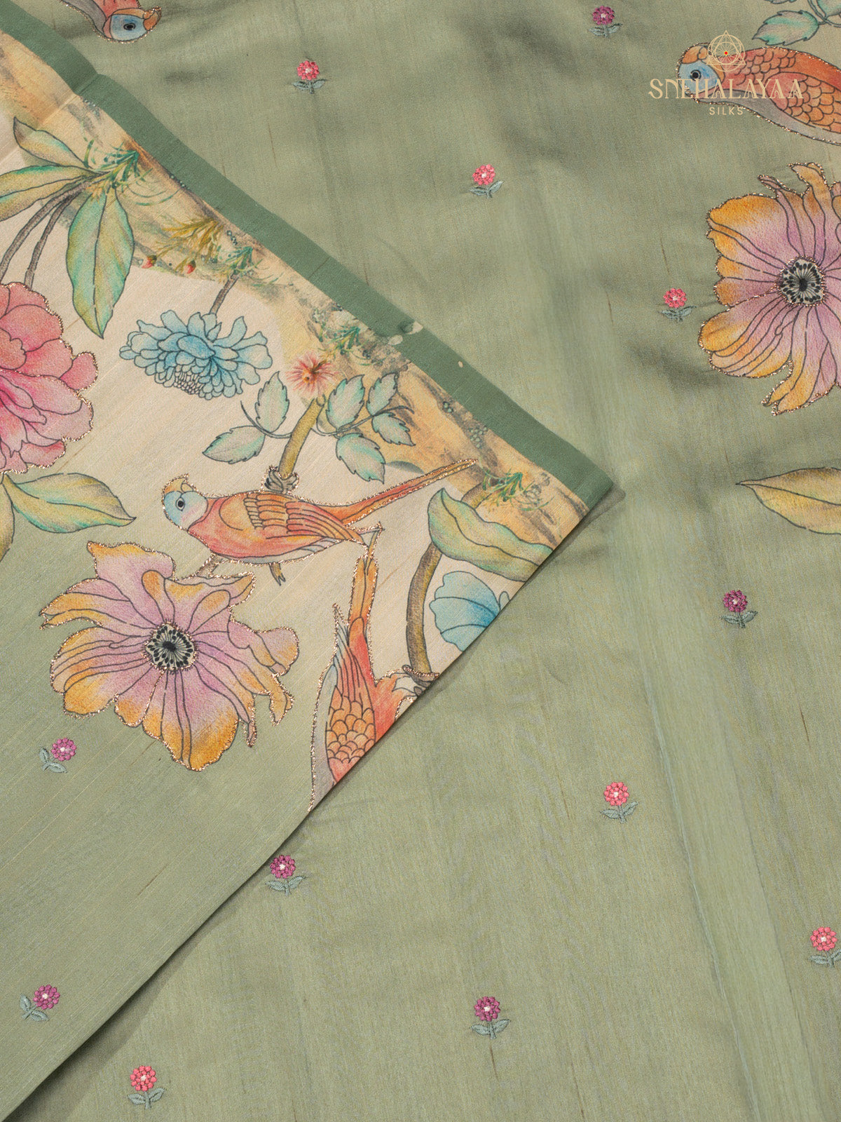 Green Raw Silk Embroidery Saree