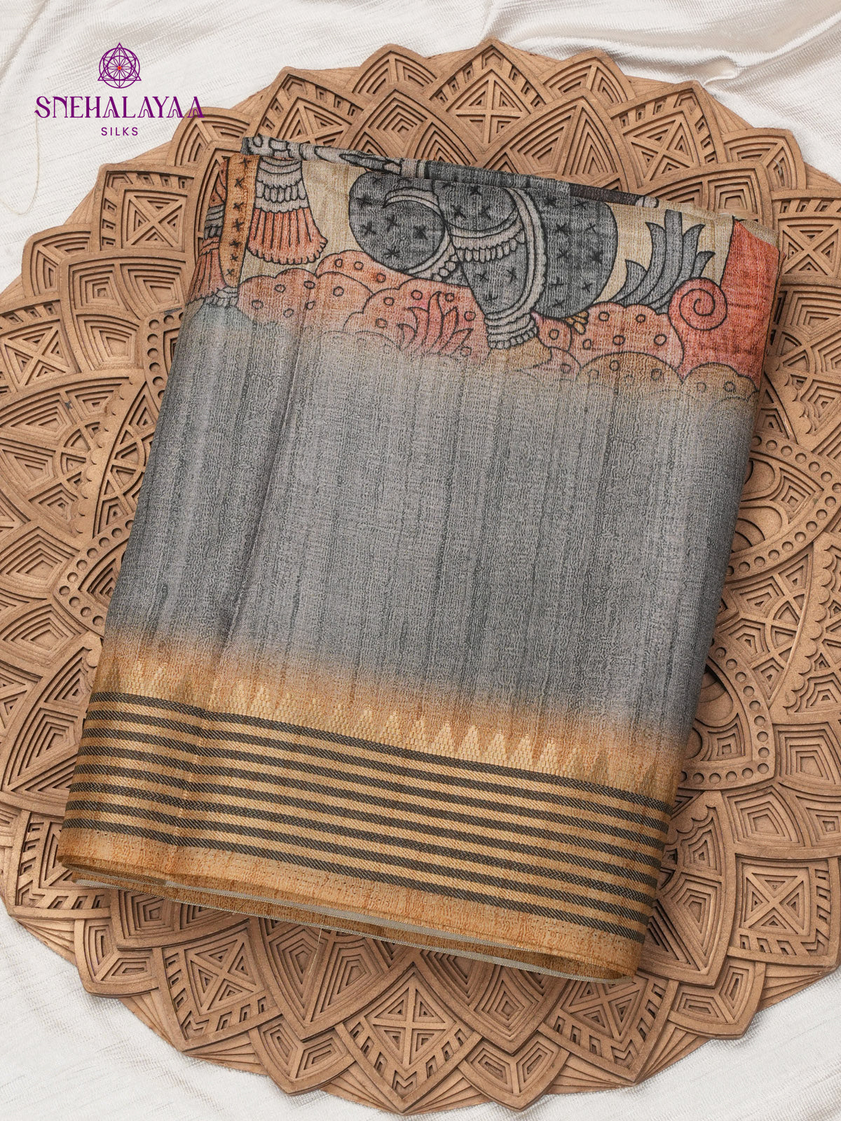 Beige With Grey Border Kalamkari Tussar Saree