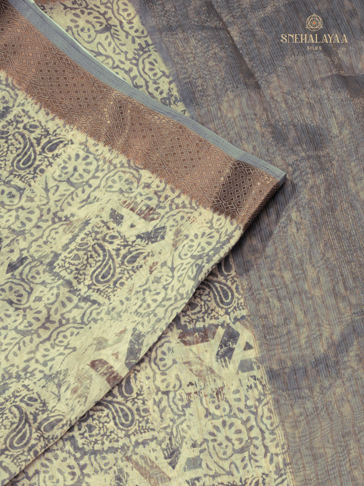 Pale Yellow Linen Floral Print Saree