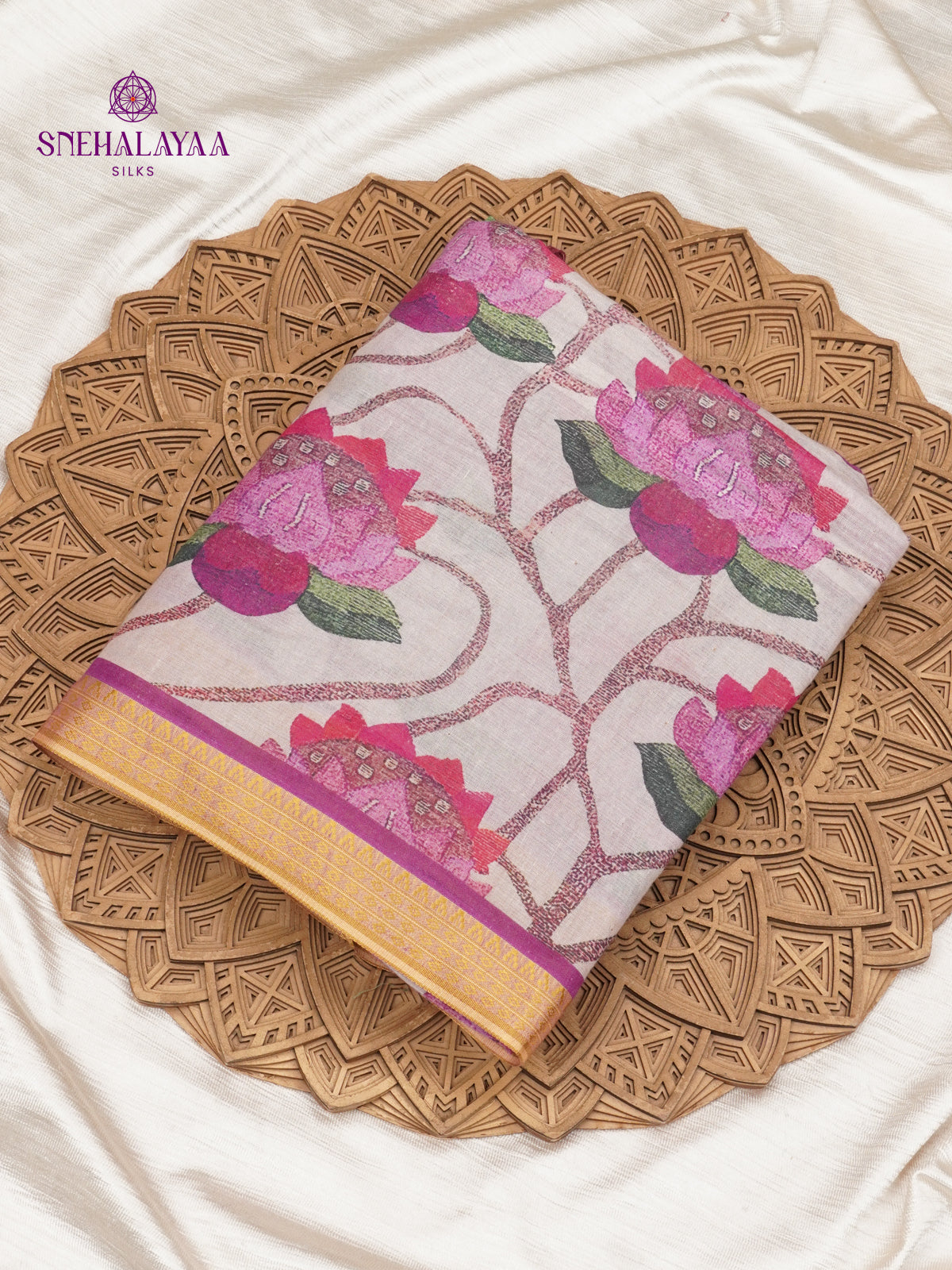 Off White Printed Linen Cotton Saree