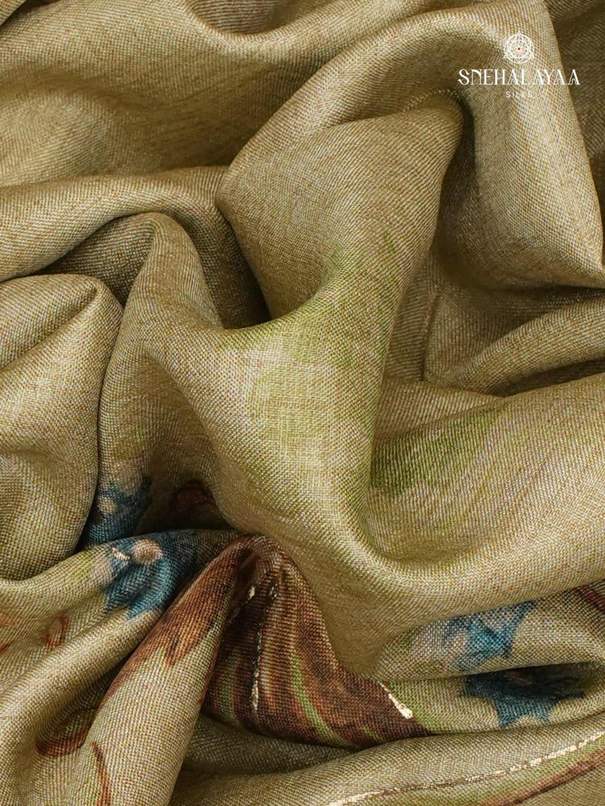 Olive Green Floral Printed Tussar Saree