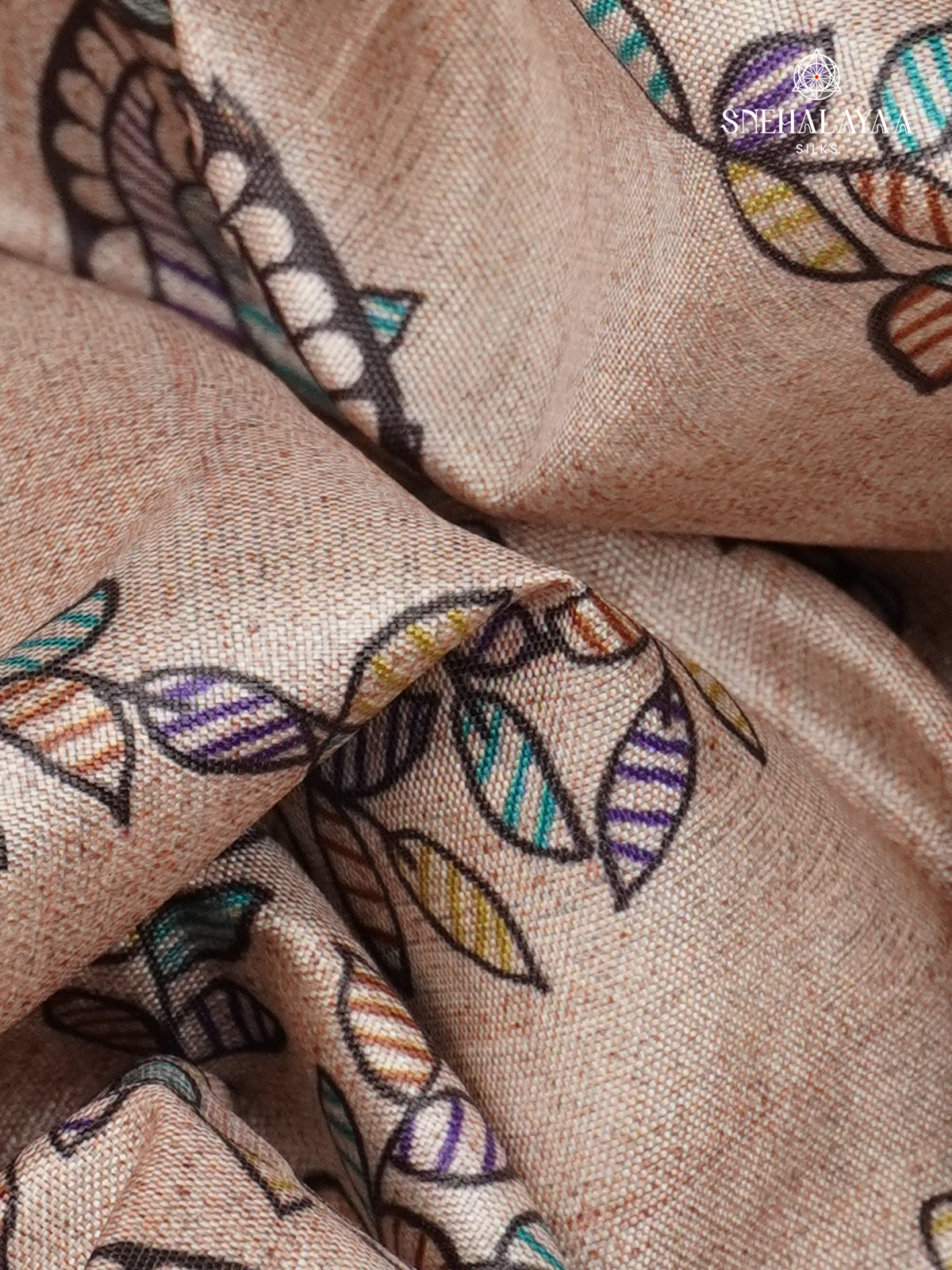 Beige With Orange Border Madhubani Saree