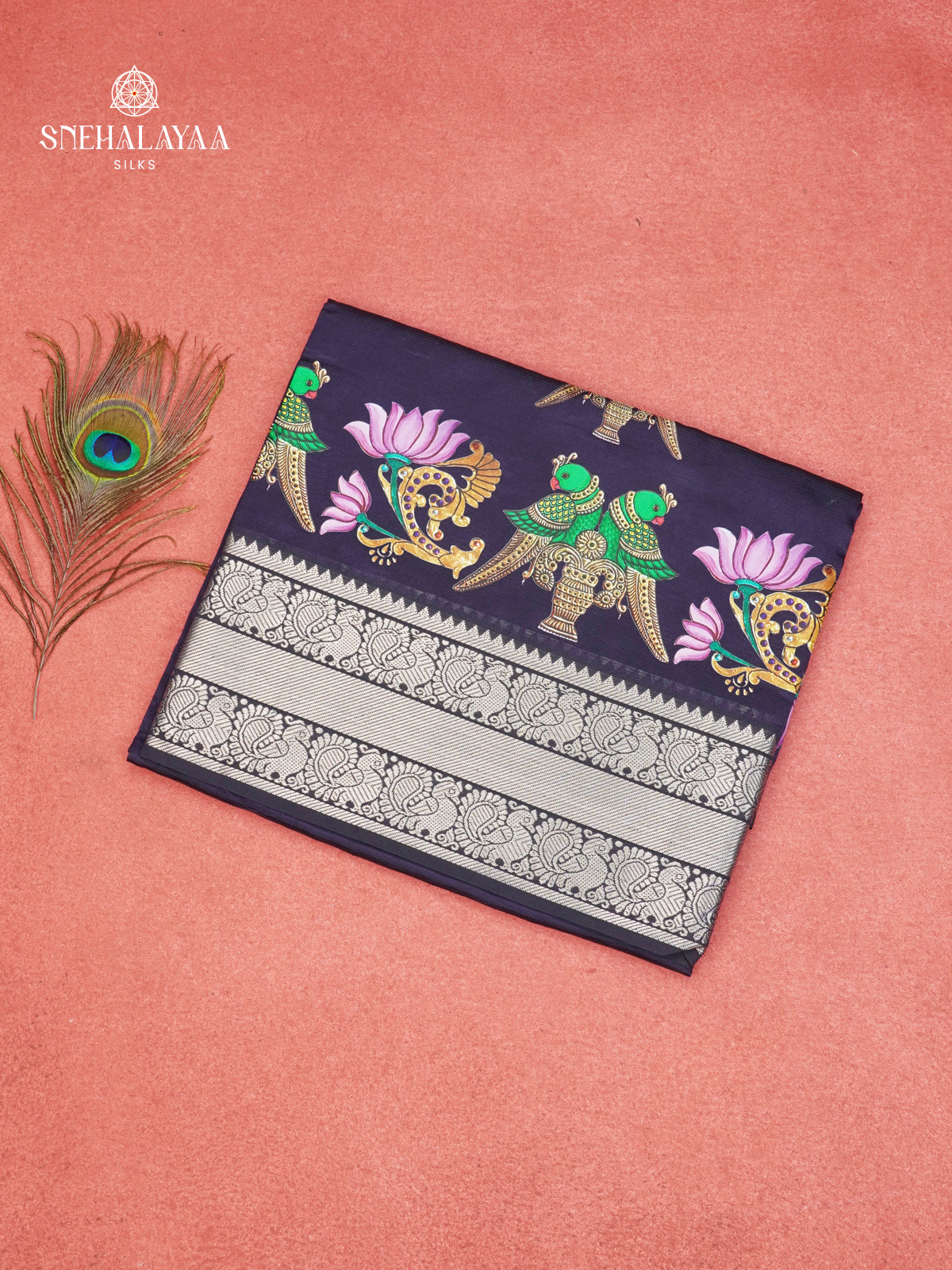 Navy Blue Mangalagiri Silk Cotton Saree with Tanjore Art Print