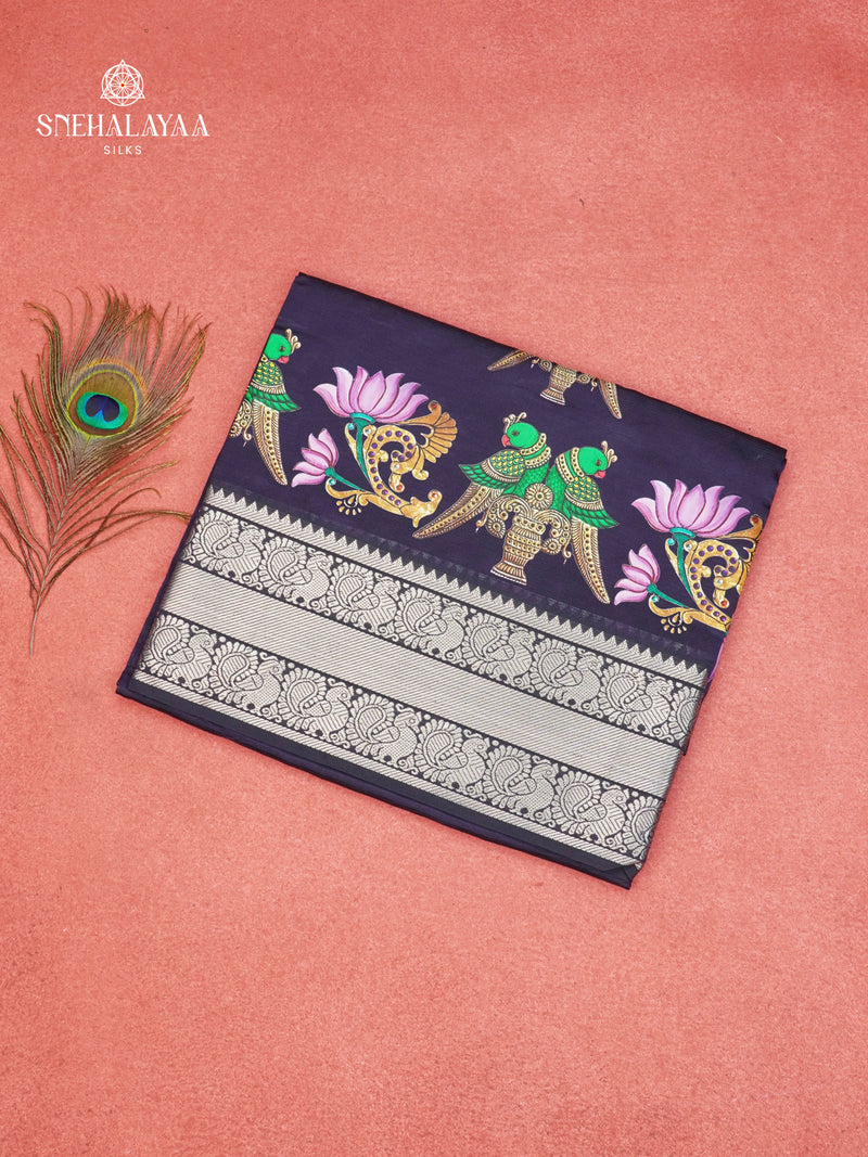Navy Blue Mangalagiri Silk Cotton Saree with Tanjore Art Print