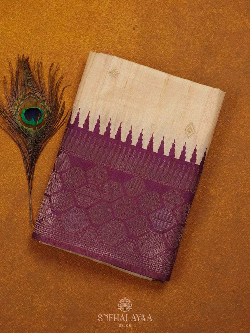 Cream With Purple Border Tussar Saree