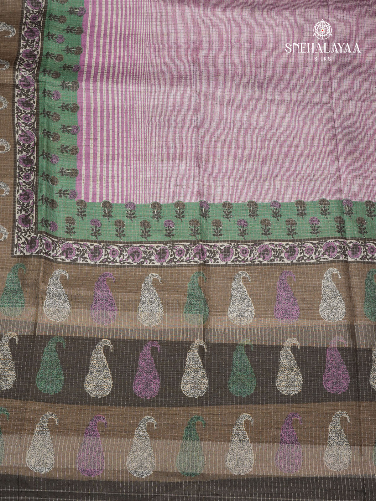 Mauve Pink Floral Printed Tussar Saree