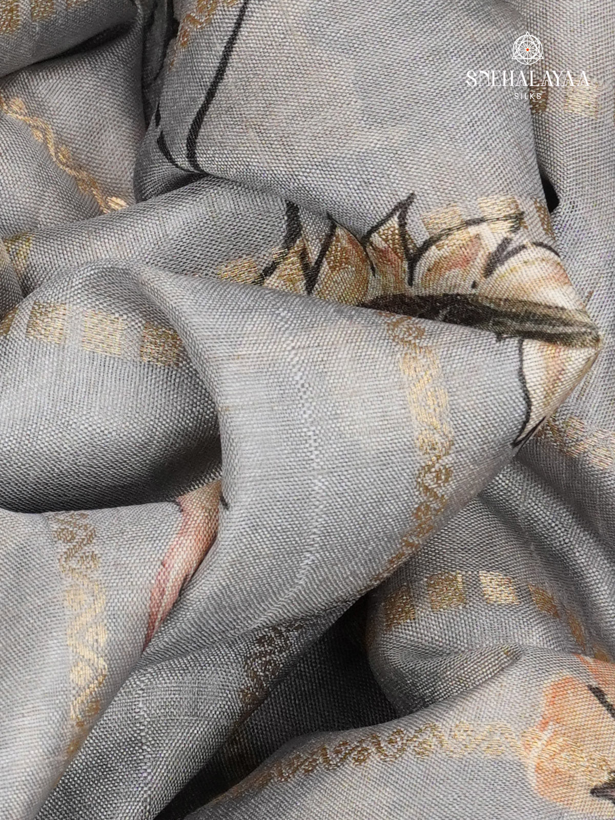 Grey Floral Printed Tussar Saree