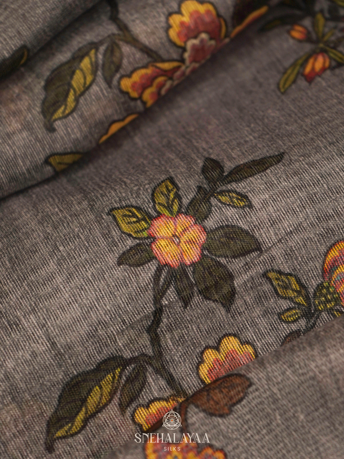 Grey Printed Linen Saree