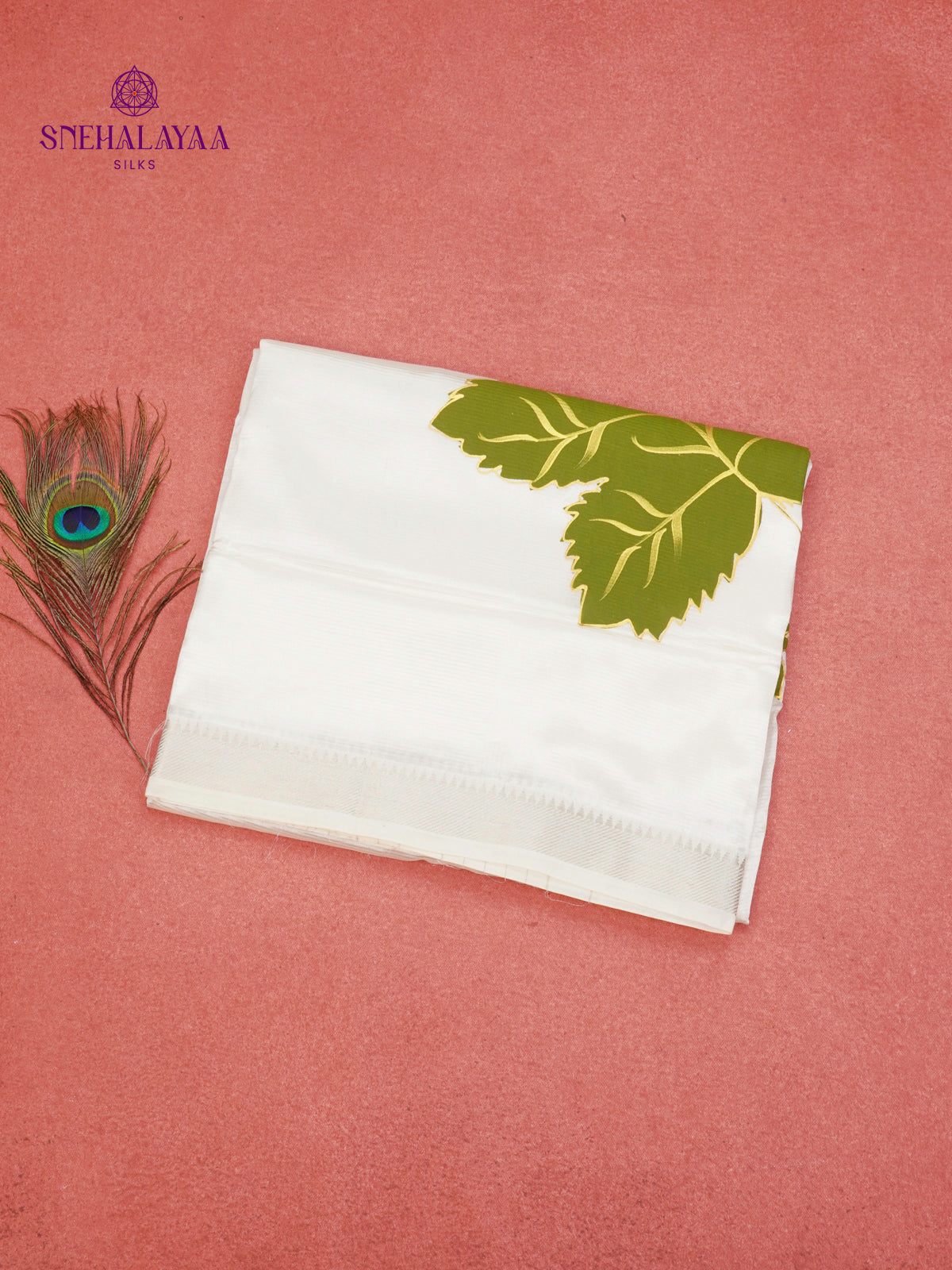 Off White Mangalagiri Silk Cotton Saree with Hand Painted Olive Green Leaf Motifs