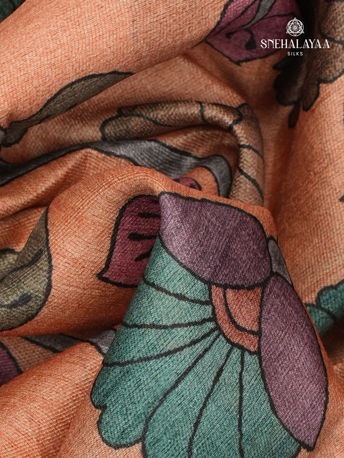 Peach Floral Printed Tussar Saree