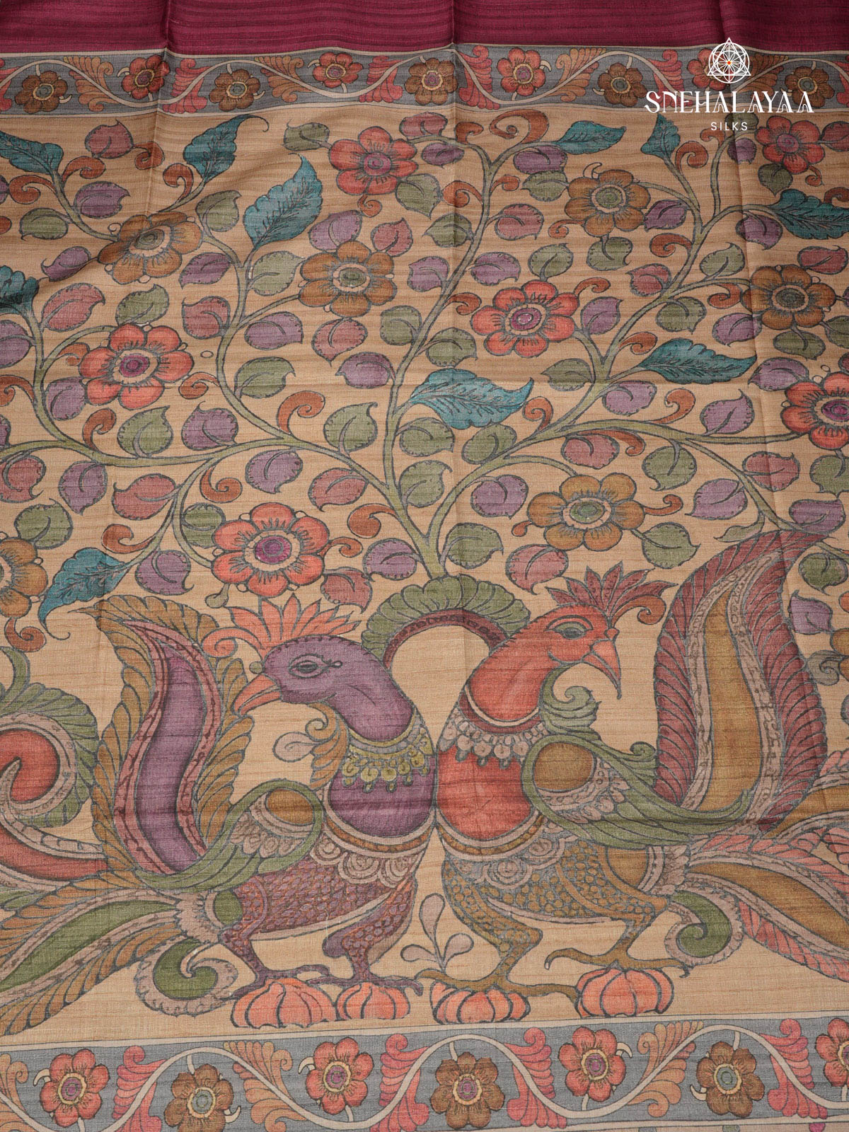 Magenta Floral Printed Tussar Saree