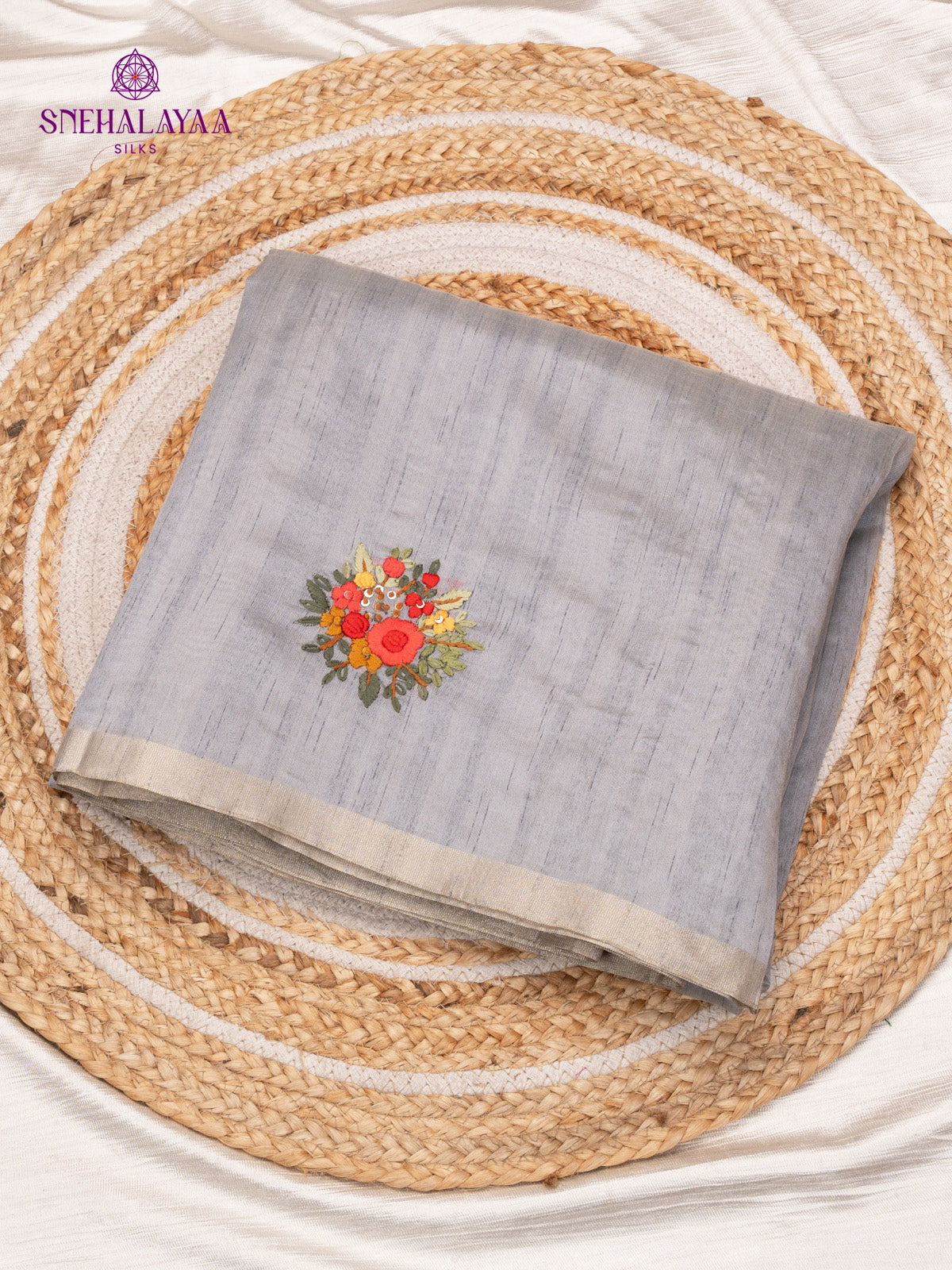 Grey Raw Silk Embroidery Saree