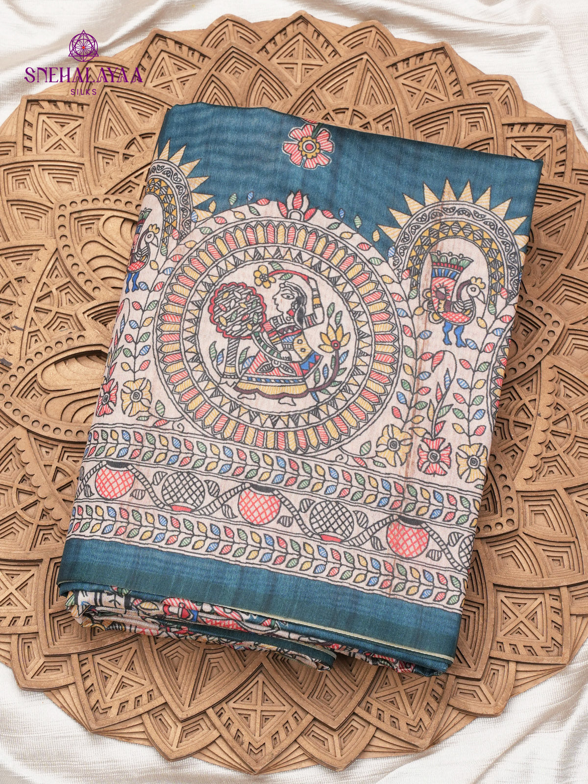 Teal Green Madhubani Printed Saree