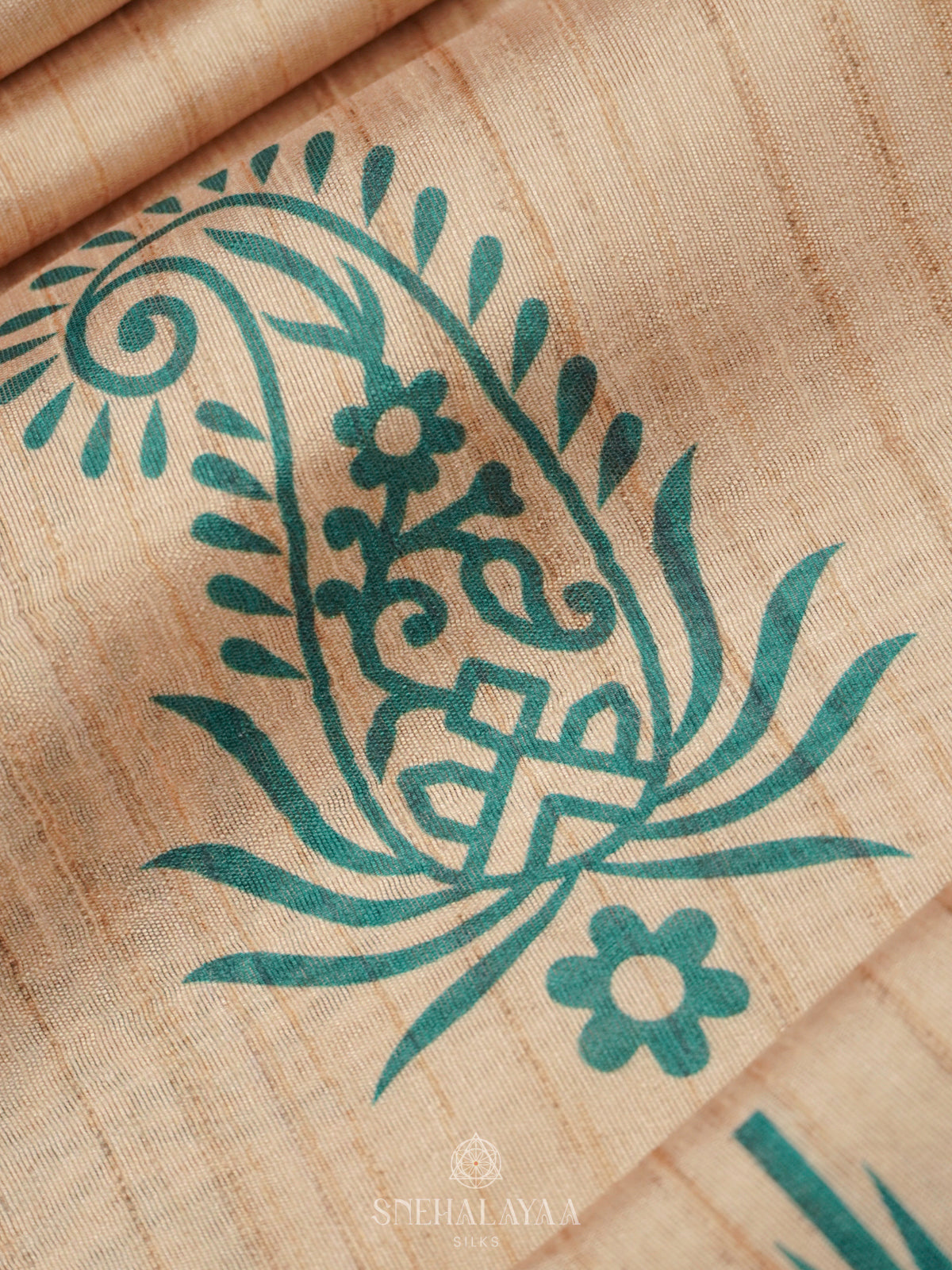 Beige with Peacock Blue Border Tussar Saree