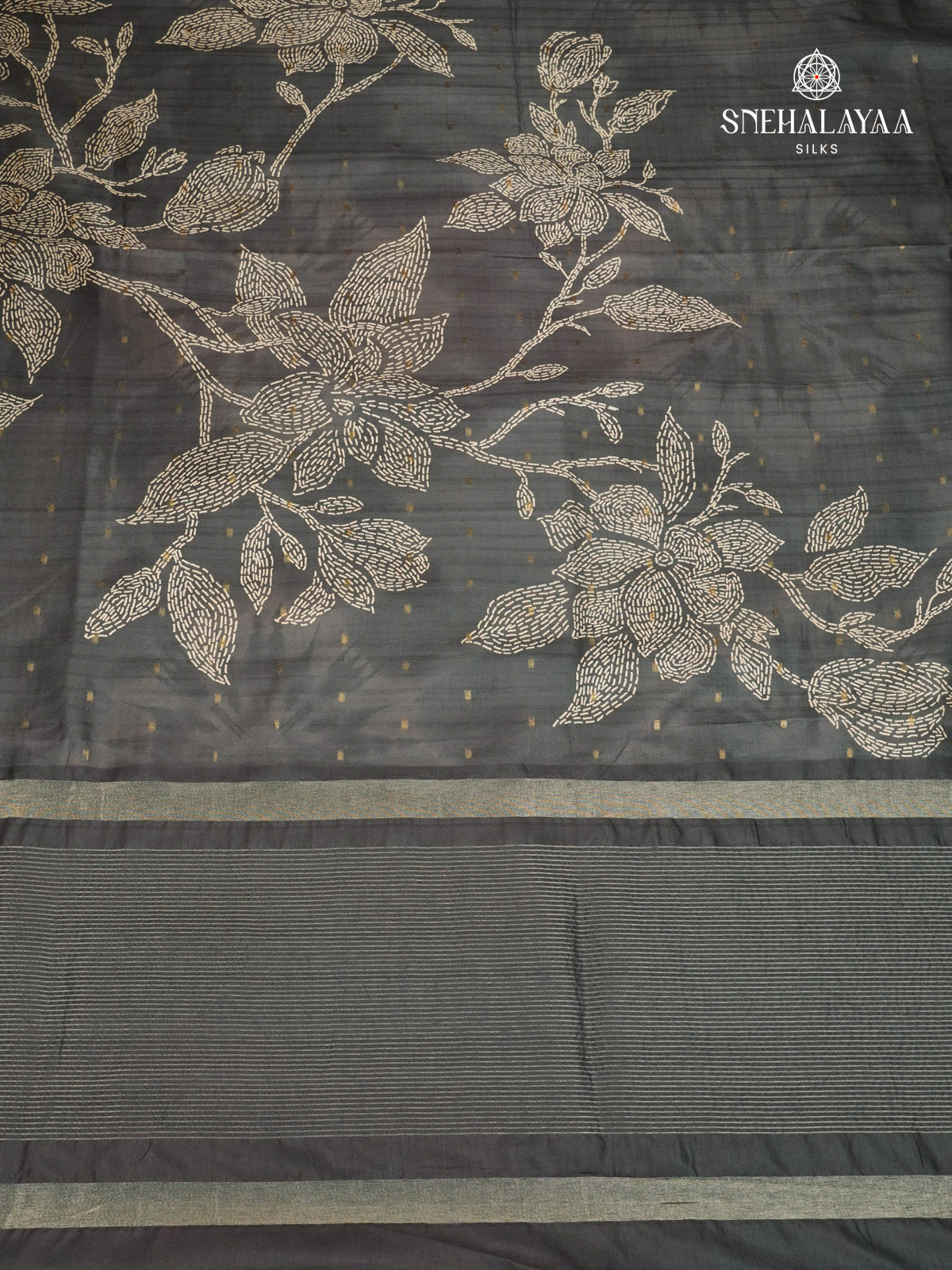 Black Floral Printed Tussar Saree