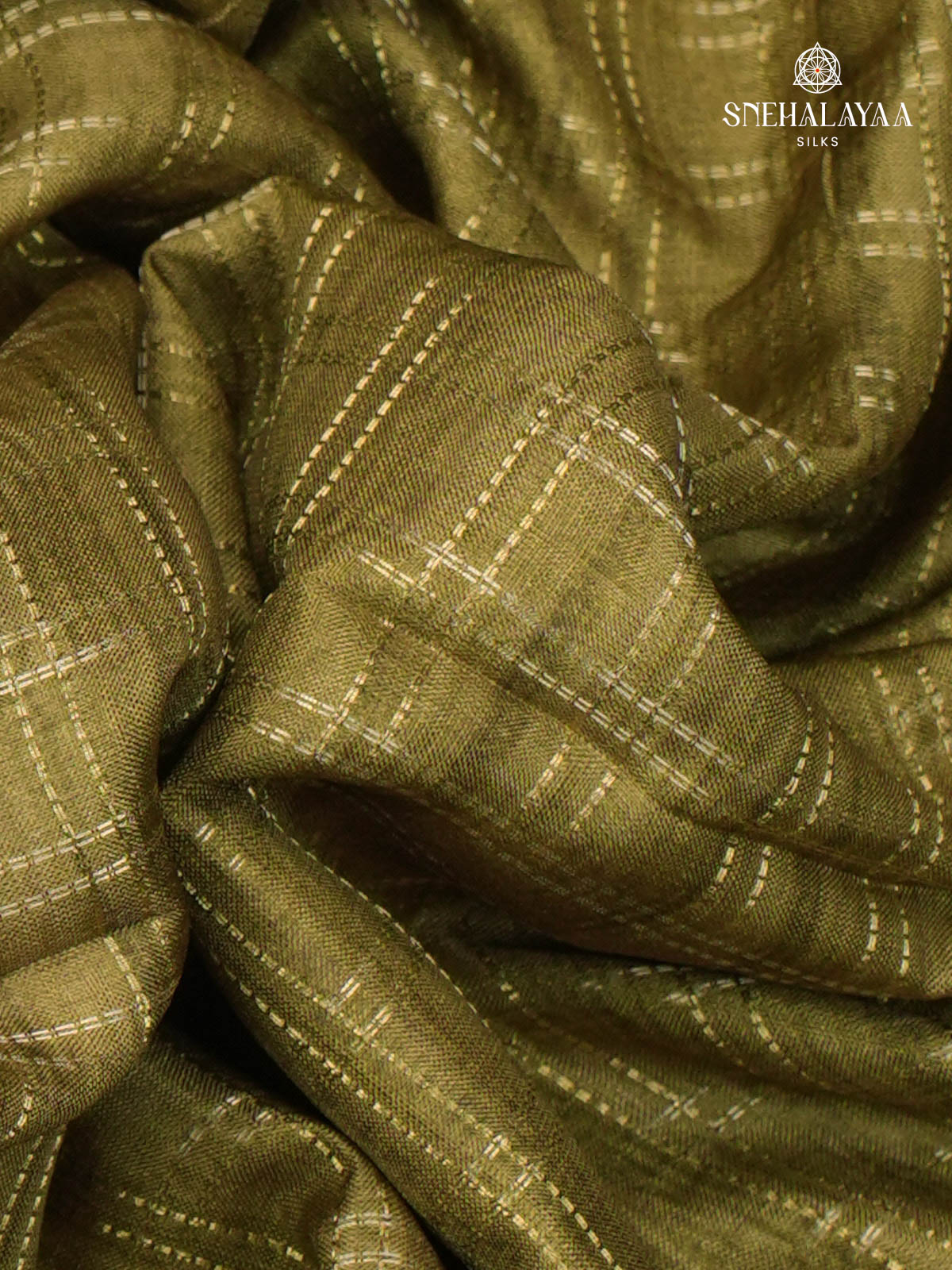Olive Green Floral Printed Tussar Saree