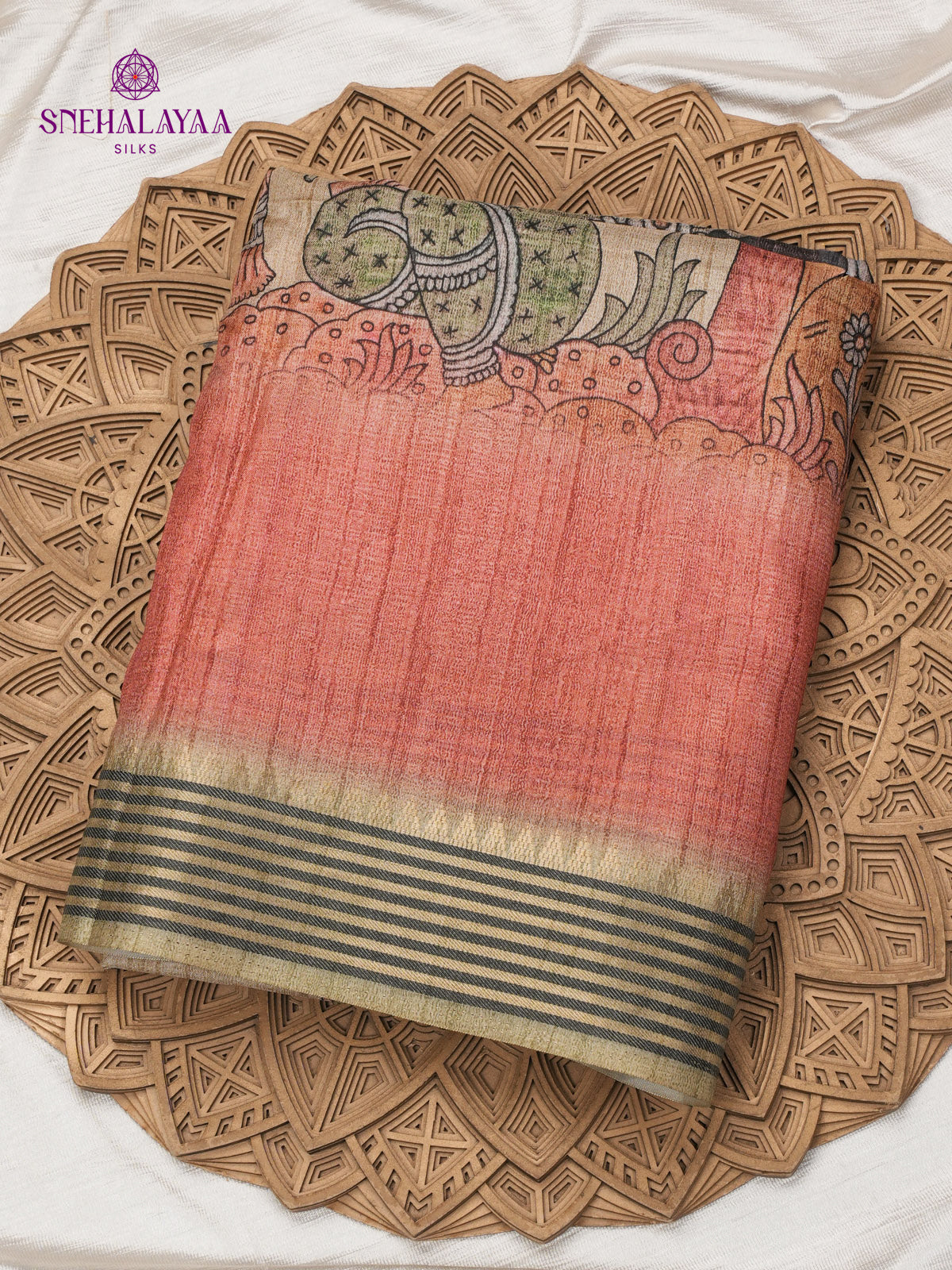 Beige With Red Border Kalamkari Tussar Saree