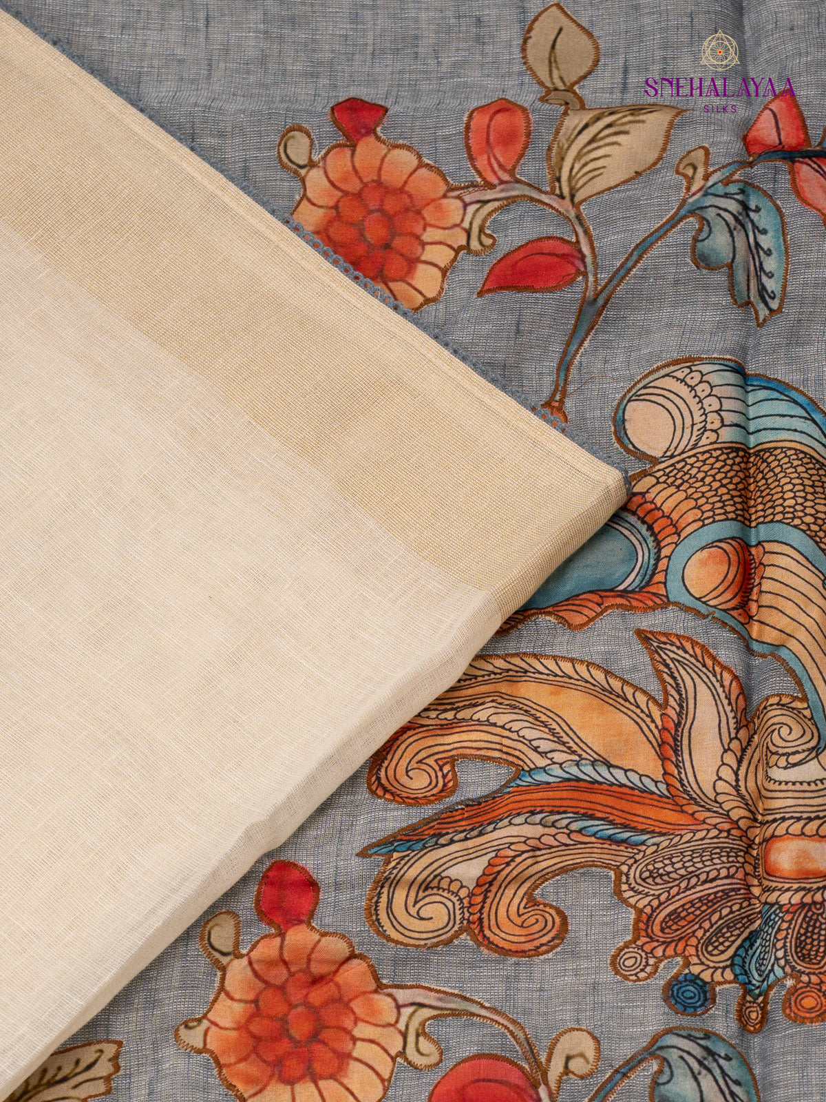 Off White Linen Embroidery Saree