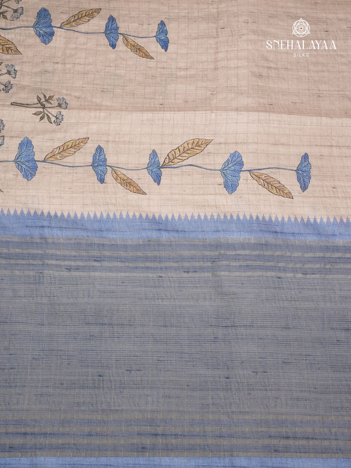 Beige With Blue Border Floral Printed Tussar Saree