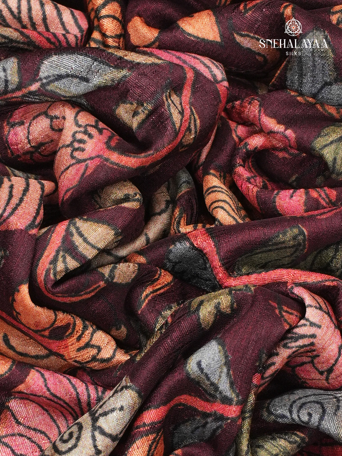 Burgundy Kalamkari Tussar Saree