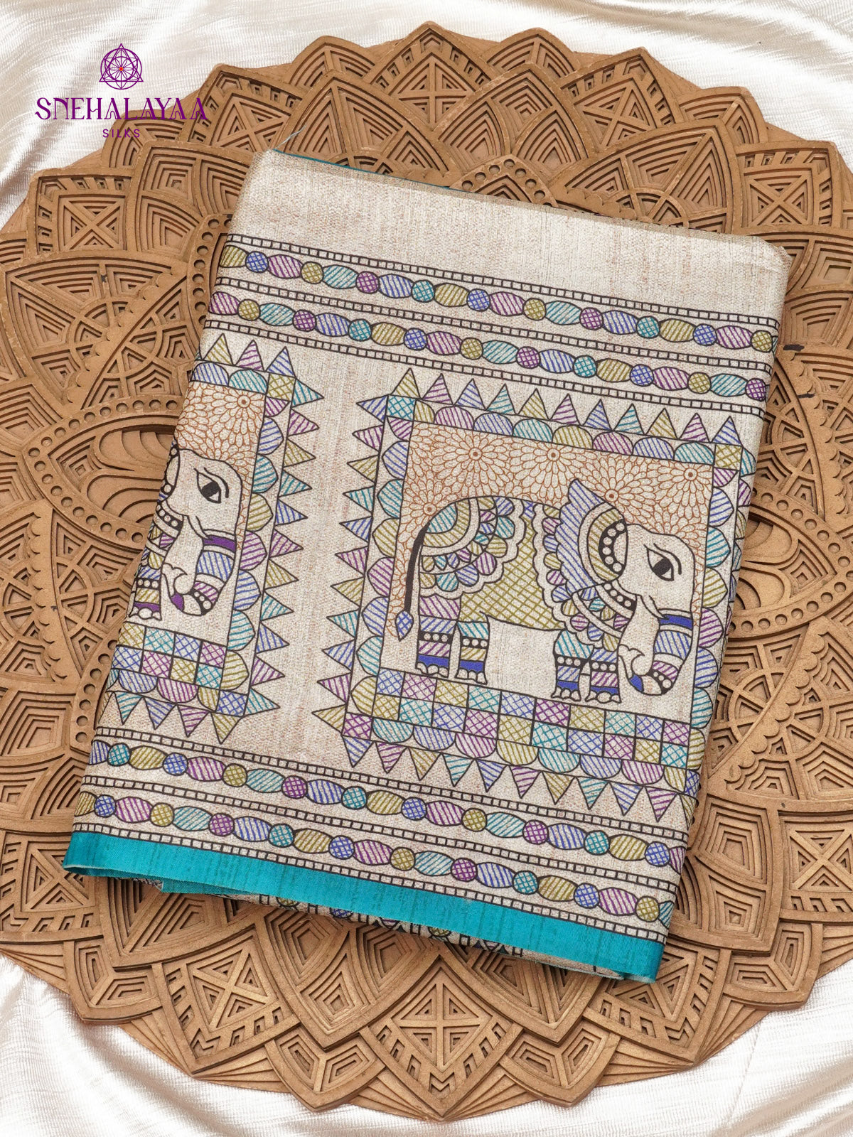 Beige With Blue Border Madhubani Saree