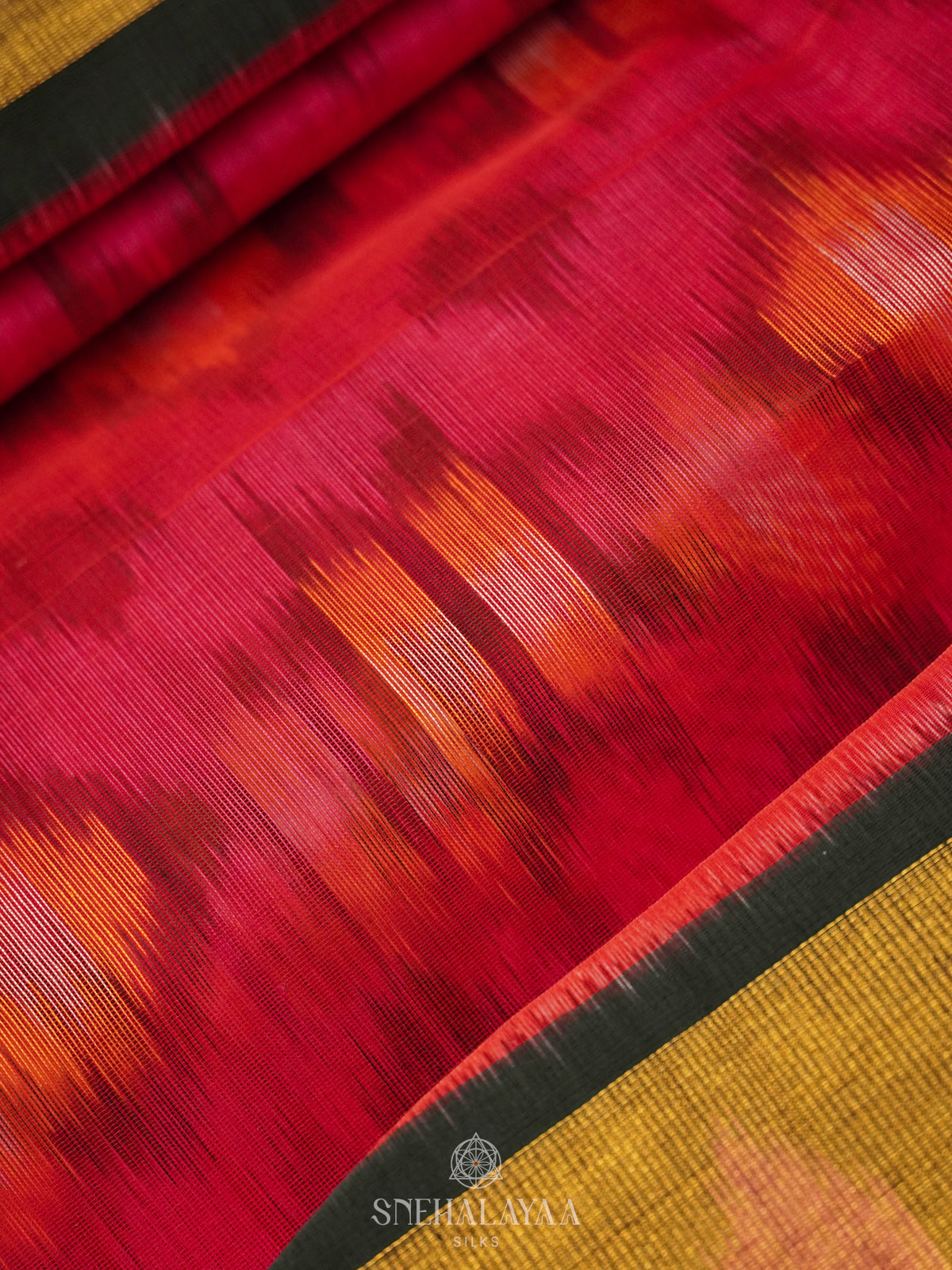 Pink Ikat Silk Cotton Saree with Traditional Woven Border