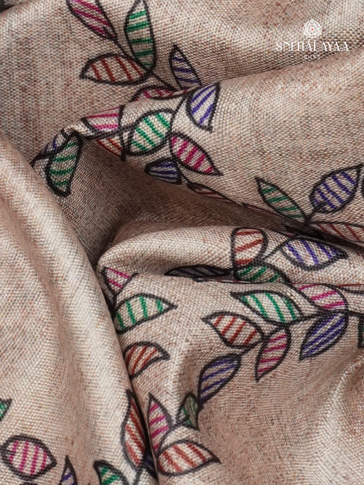 Beige With Navy Blue Border Madhubani Saree