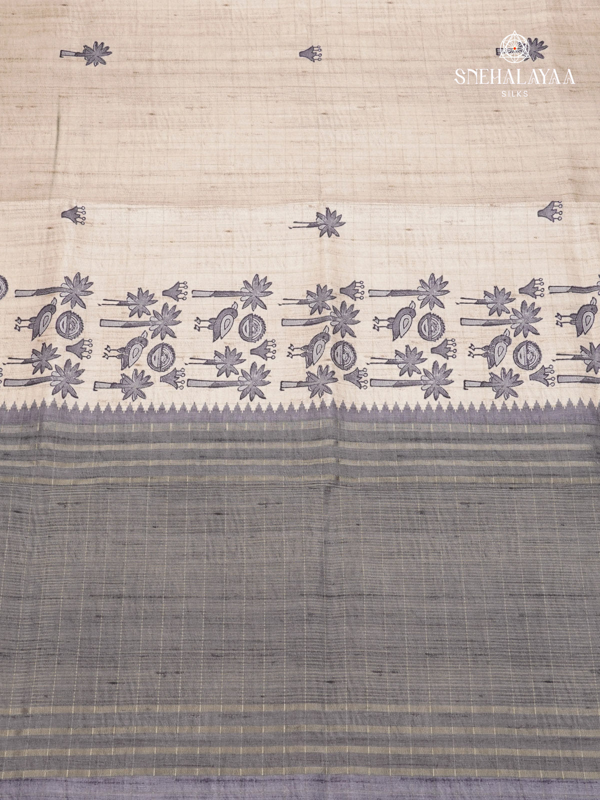 Beige With Grey Border Floral Printed Tussar Saree