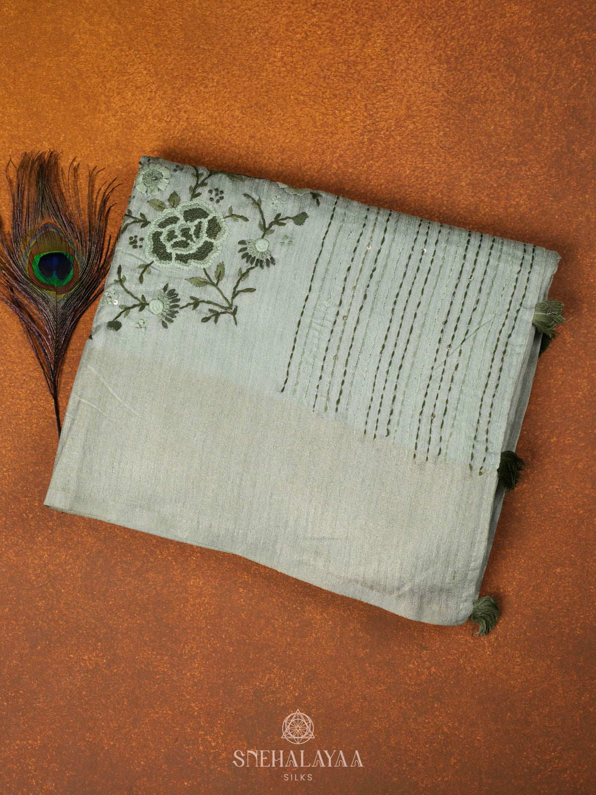Pale Green Linen Embroidery Saree