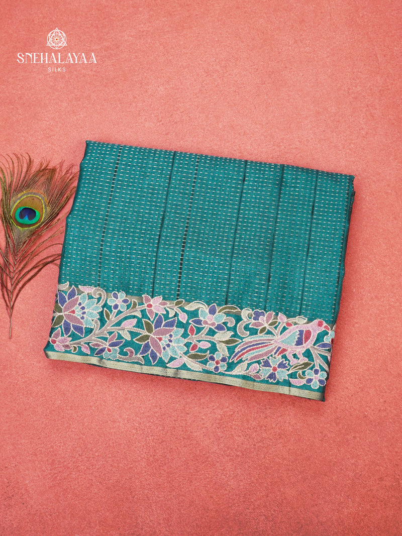 Peacock Blue Munga Tussar Embroidery Saree