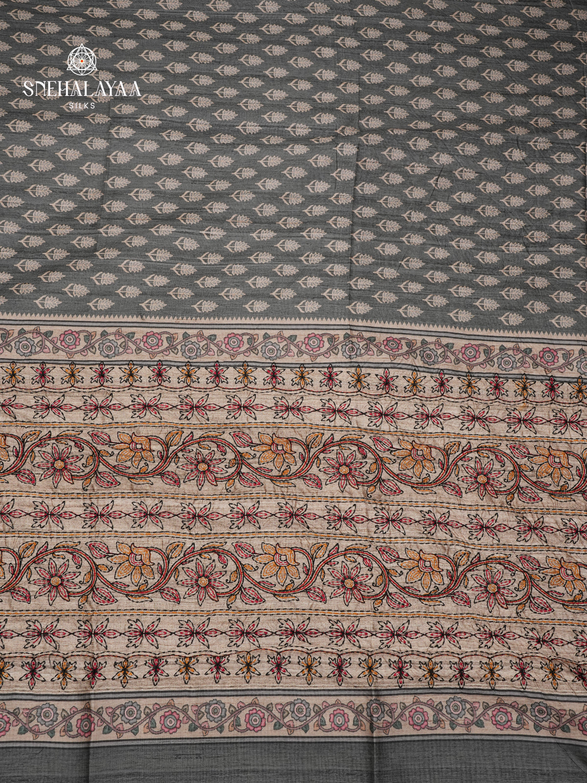 Grey Tussar Embroidery Saree