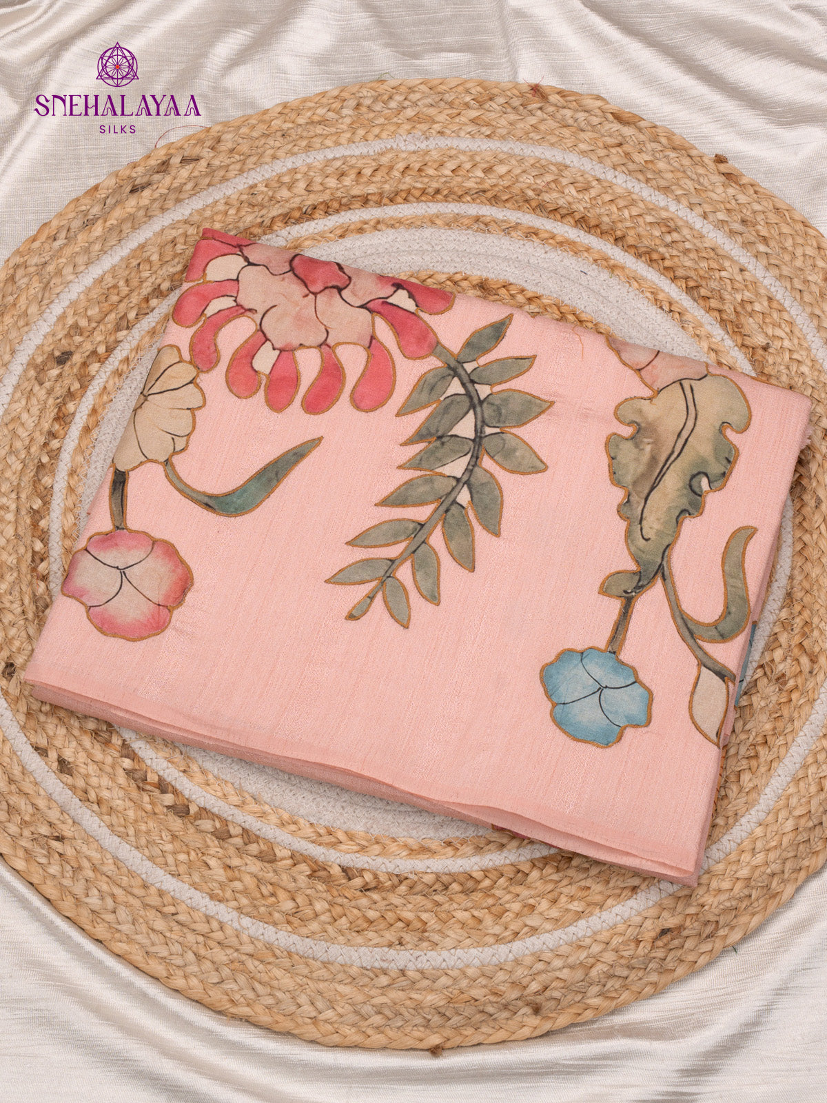 Peach Raw Silk Embroidery Saree