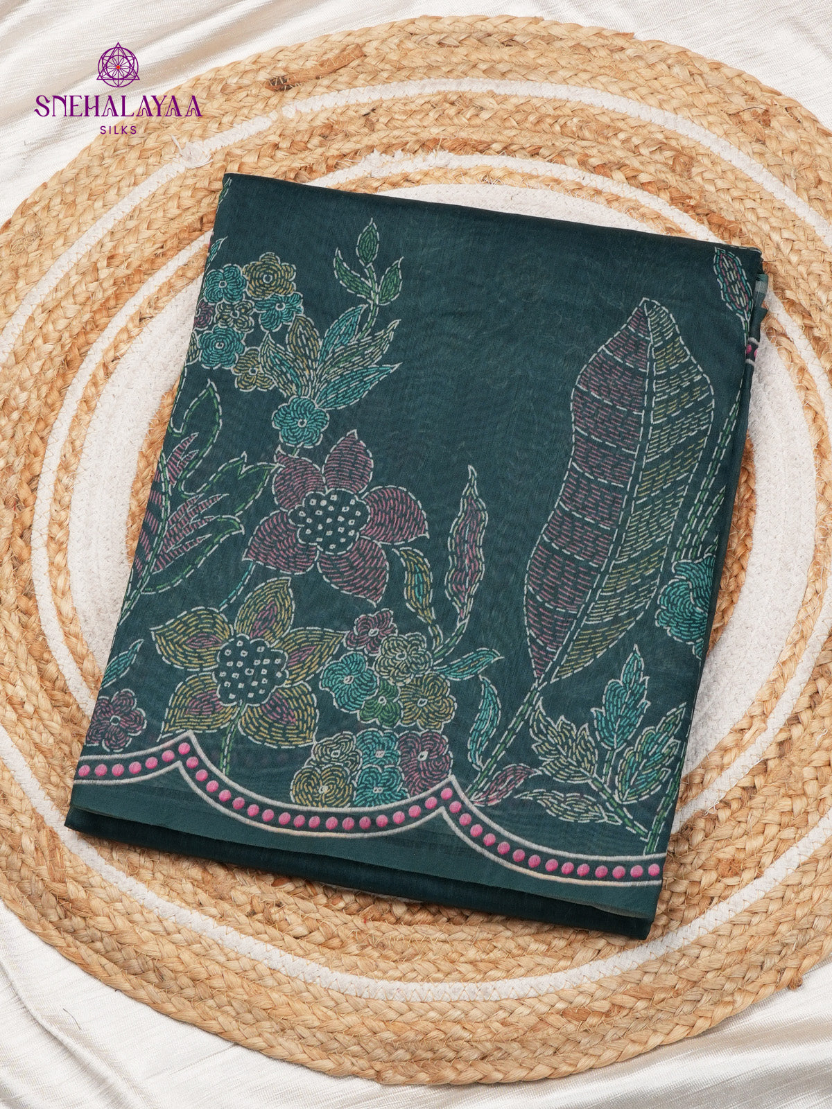 Peacock Blue Printed Linen Saree
