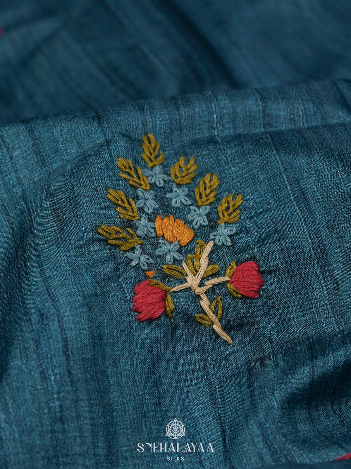 Teal Blue Tussar Embroidery Saree