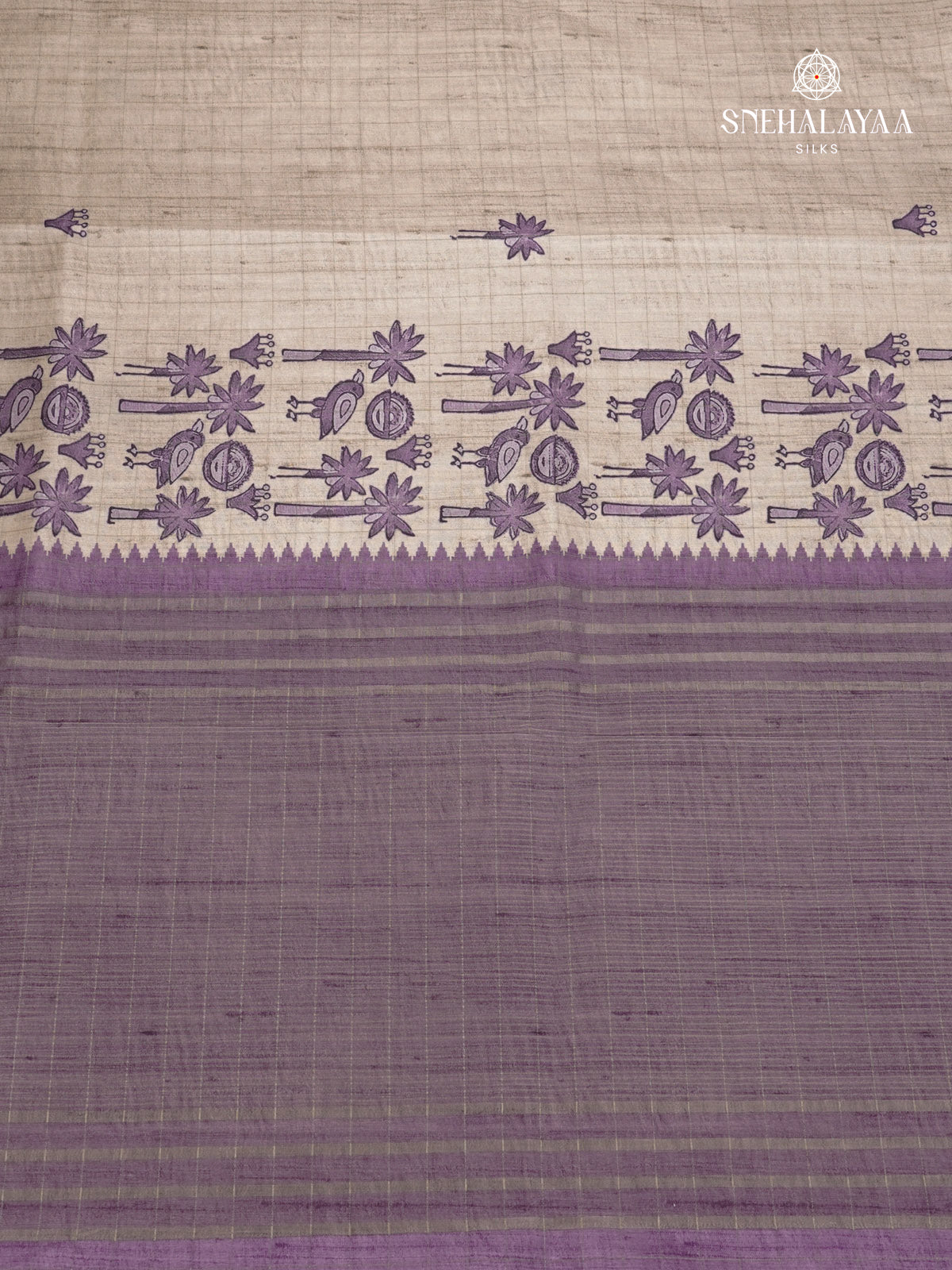 Beige With Purple Border Floral Printed Tussar Saree