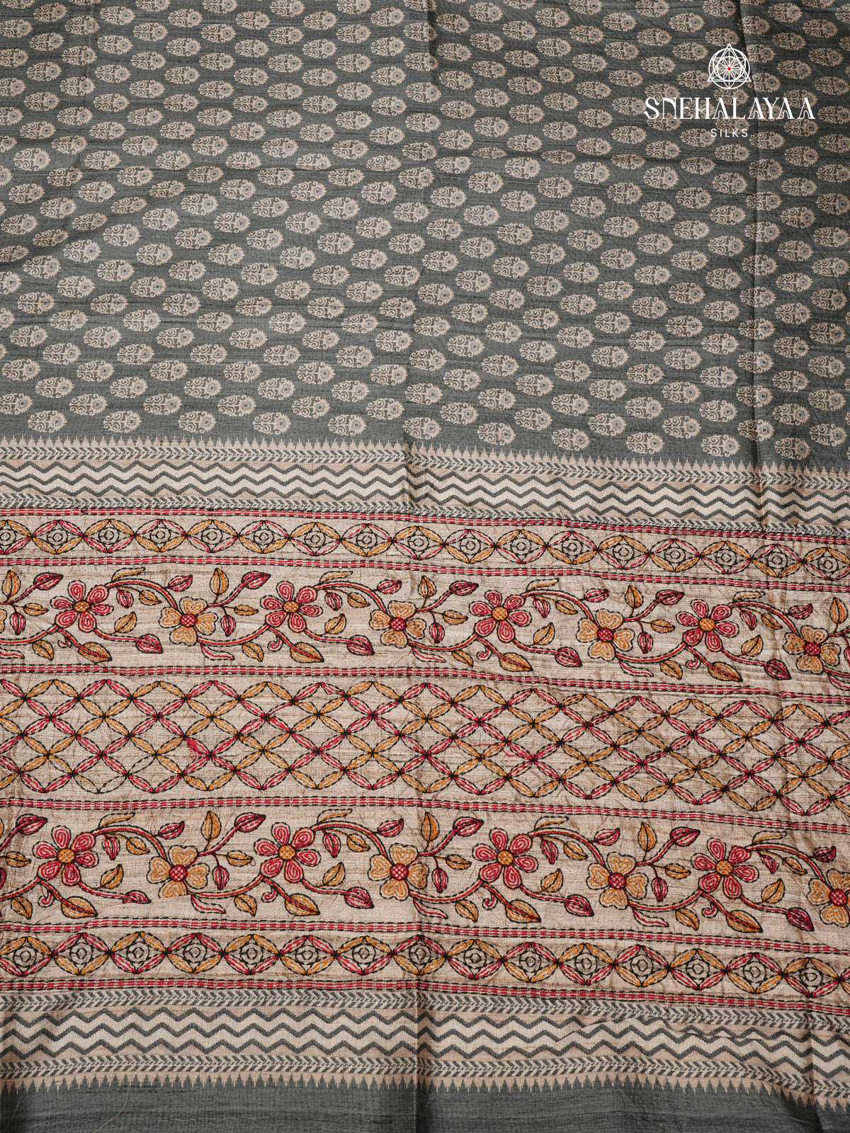 Grey Tussar Embroidery Saree