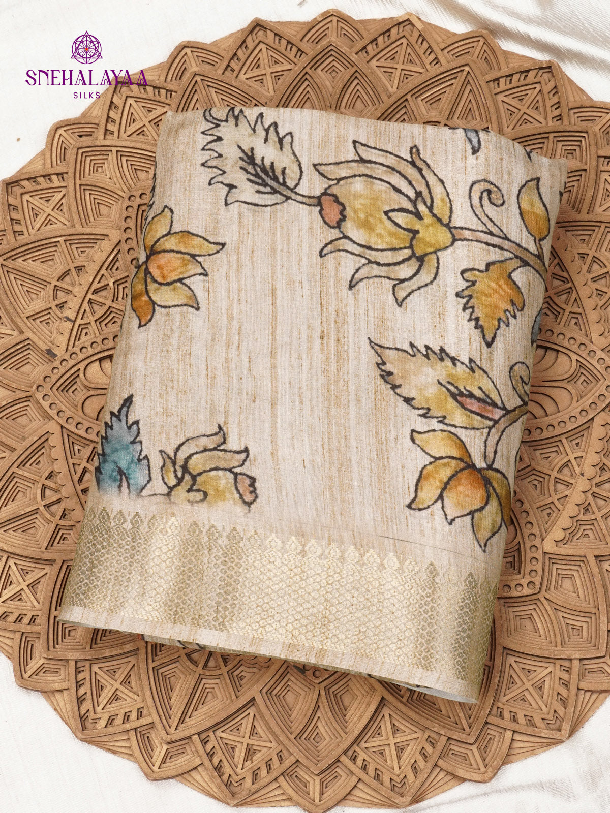 Beige Floral Printed Tussar Saree