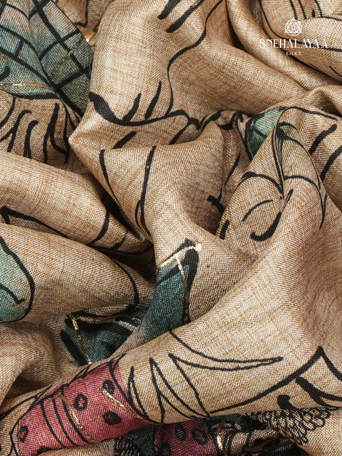 Beige With Teal Blue Border Floral Printed Tussar Saree