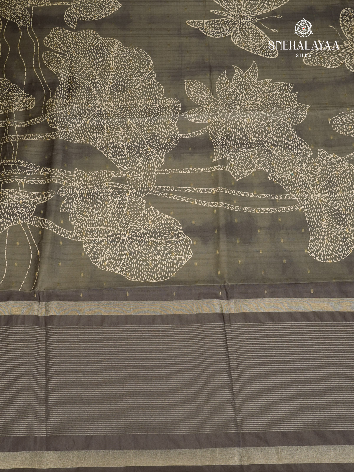 Brown Floral Printed Tussar Saree