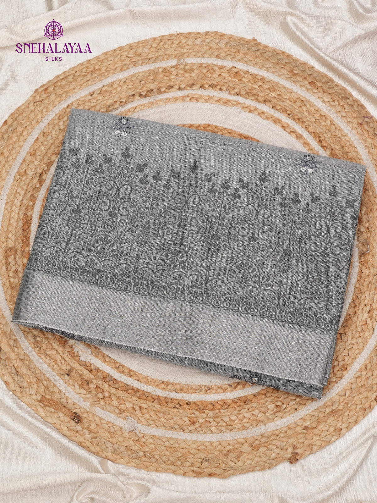 Grey Linen Tissue Embroidery Saree